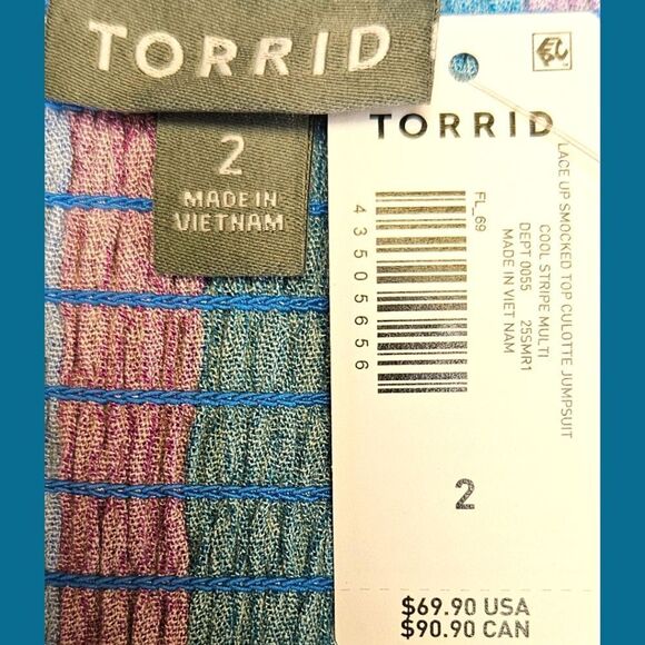 TORRID Plus Size lace-up cool stripe multi-color smocked culotte Jumpsuit - Picture 14 of 16